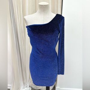 One Shoulder Velvet Glitter Mini Dress Navy Blue Homecoming Christmas Sz Medium